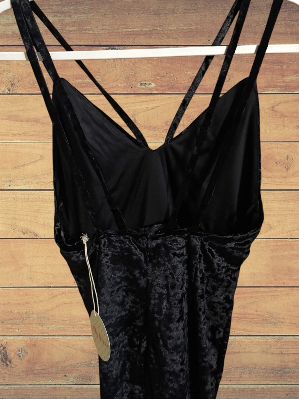 Black Crushed Velvet Midi Dress Plunging V-Neck Caged Open Back Double Strap M - Picture 9 of 16